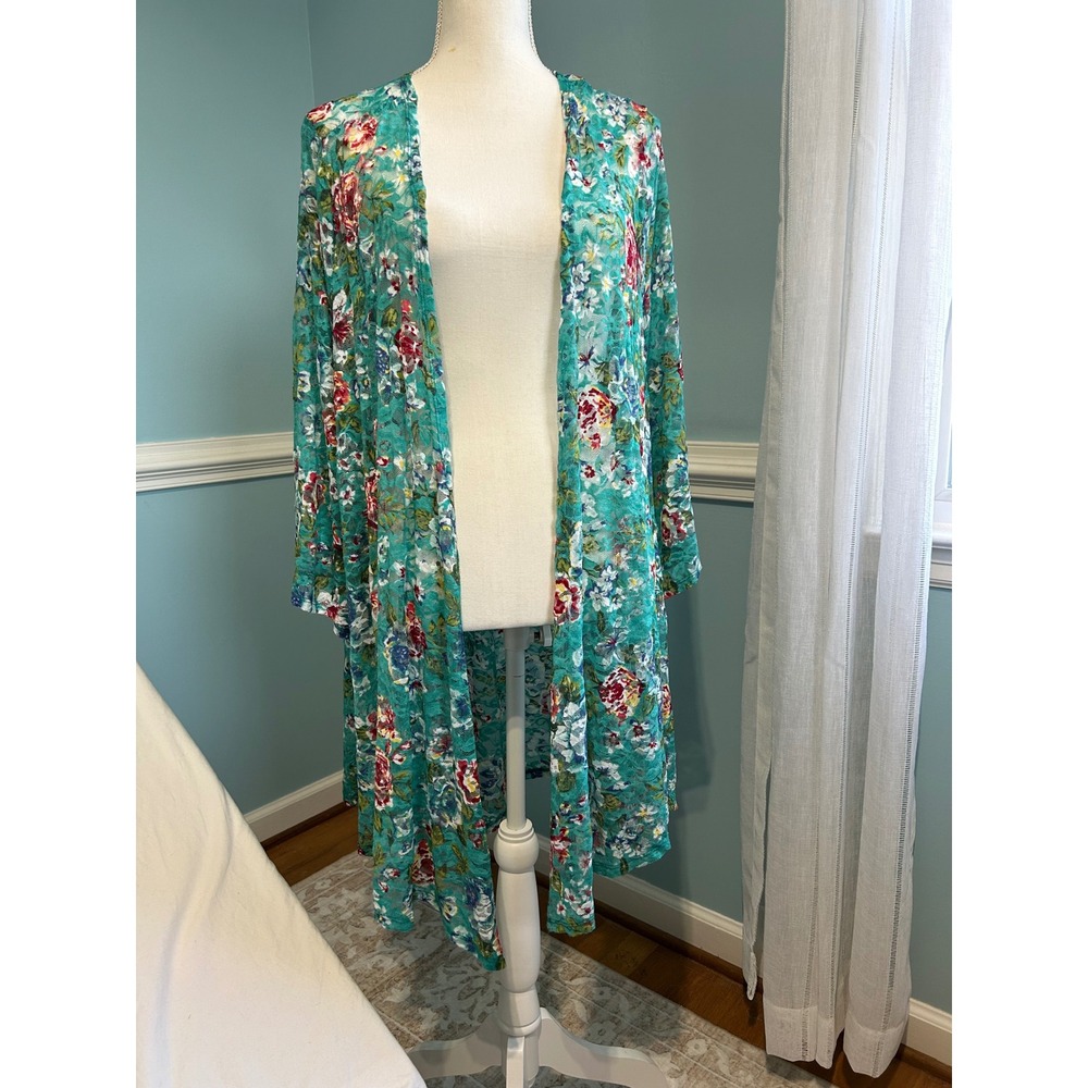 Est. 1946 Floral Lace Kimono Cardigan Teal Green Longline Open Front Large